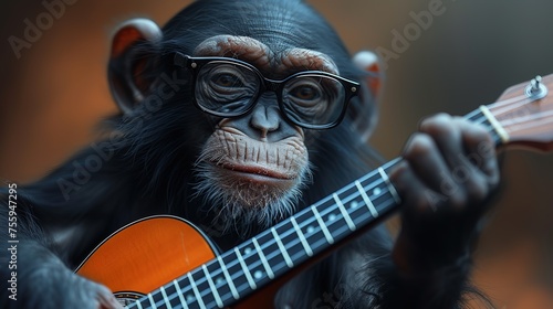 Chimpanzee monkey playing guitar