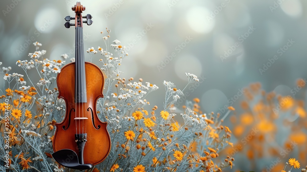 Beautiful composition with violin and flowers on grey background, top view