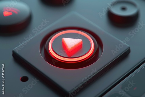 A detailed view of a red button on a keyboard. Suitable for technology concepts.