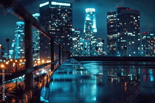 A cityscape view at night from a bridge. Suitable for urban themes.