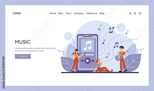A trio of musicians with a smartphone interface as a backdrop captures the blend of traditional music making and digital technology