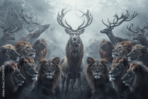 A group of animals, including a deer and a lion, are standing together in a forest. The deer is the center of attention, with its antlers towering over the other animals