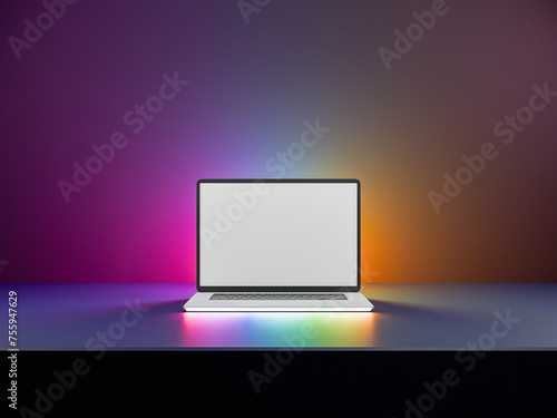 3D Laptop computer with glow rainbow led light open with blank screen on dark glow light background. 3D render illustration