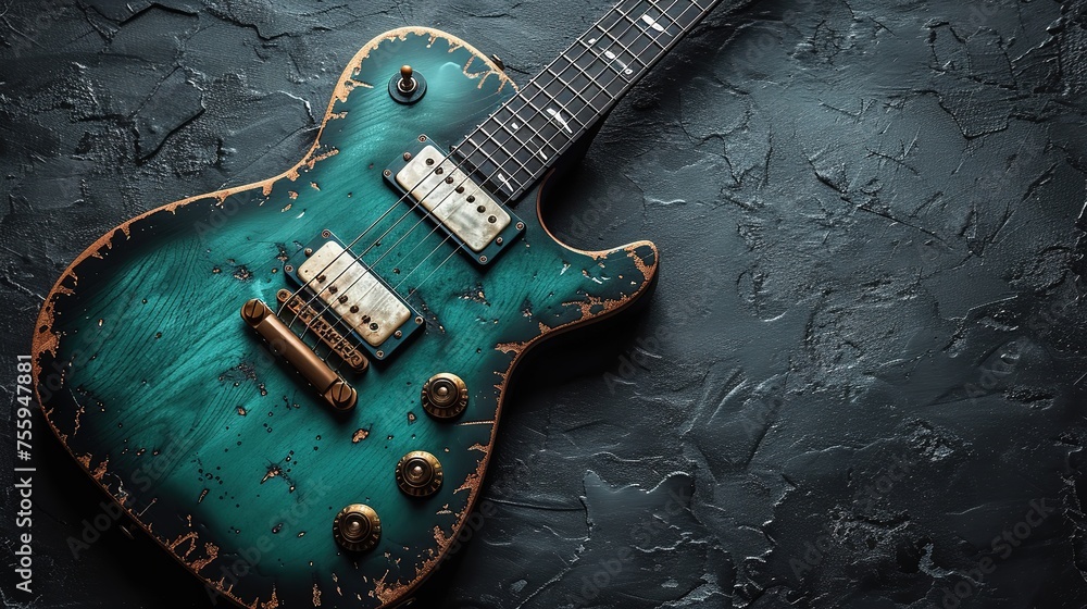 Green electric guitar on dark textured background. Top view with copy space - obrazy, fototapety, plakaty 