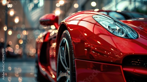 A vibrant red sports car parked in a busy parking lot. Great for automotive industry promotions. © Fotograf