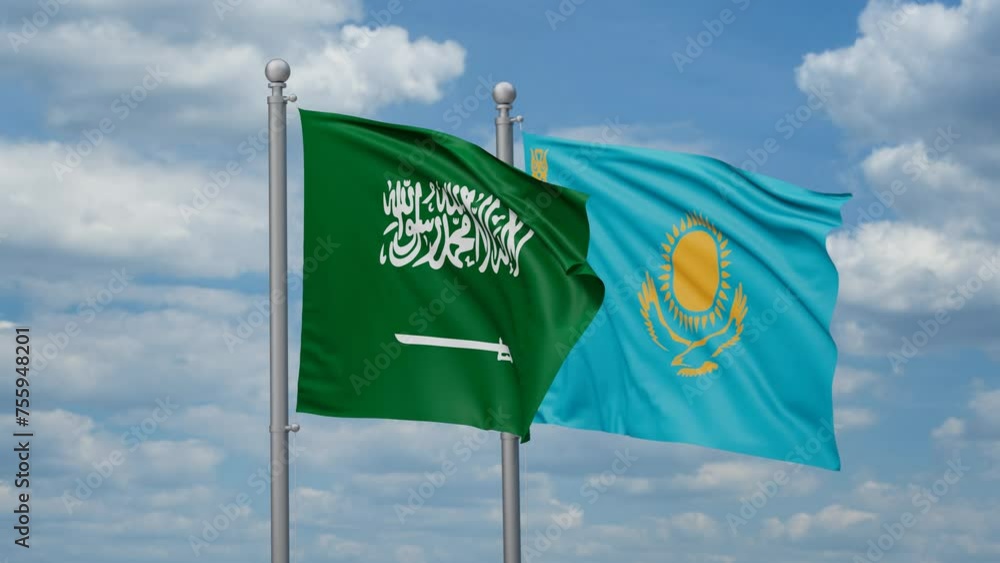 Kazakhstan and Saudi Arabia two flags waving together, looped video, two country cooperation concept Kazakhstan and Saudi Arabia two flags waving together, looped video, two country cooperation concept