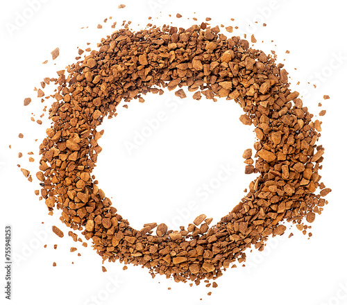 Heap of aromatic instant coffee isolated on a white background, top view. Freeze-dried granulated instant coffee.