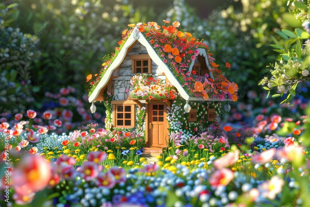 Miniature house with colorful flowers in the garden. Spring background
