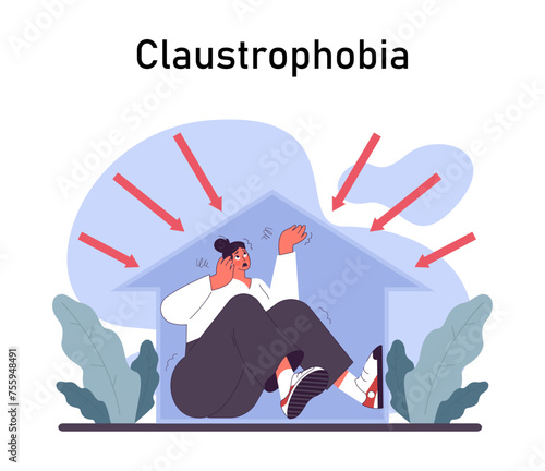 Claustrophobia. Human's irrational inner fears and panic. Mental disorder