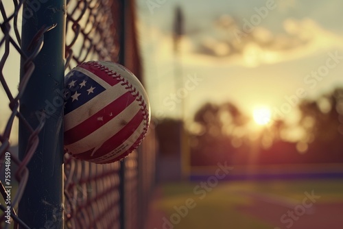 American dream background. Baseball ball in grid of fence on sunset lighting photo