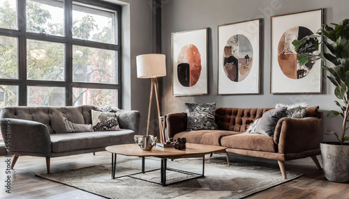 Gallery of trendy posters in elegant grey living room interior with brown corner sofa © netsay