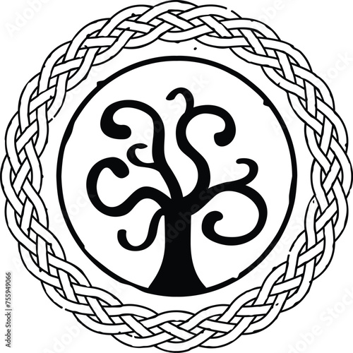 Grunge Round Celtic Knot Pattern with Tree