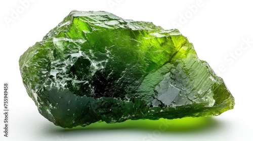 Exquisite and translucent Moldavite stone with its unique green textures  glowing on a pure white background