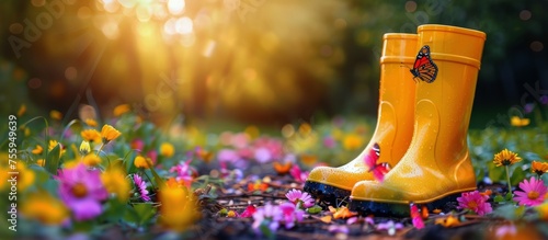 Yellow Rain Boots on Puddle
