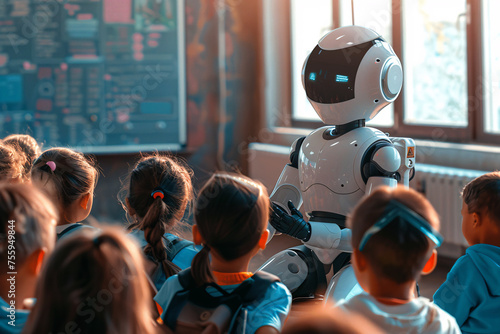 Robot teaching attentive children sitting in a classroom with a digital display