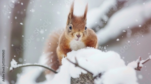 A squirrel perched on a snowy tree. Perfect for winter themes. © Fotograf