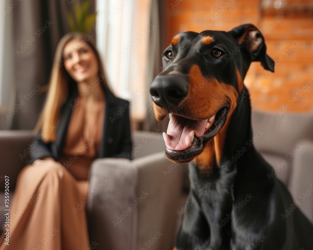 Woman relaxing on couch next to loyal dog with black and brown fur.