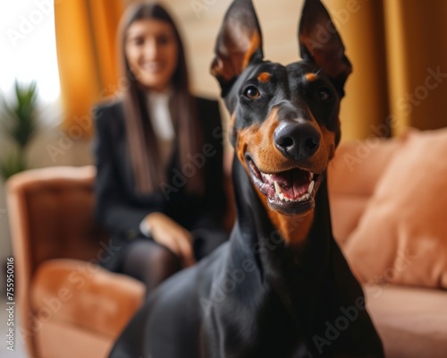 A woman seated on a couch next to a black and brown dog.