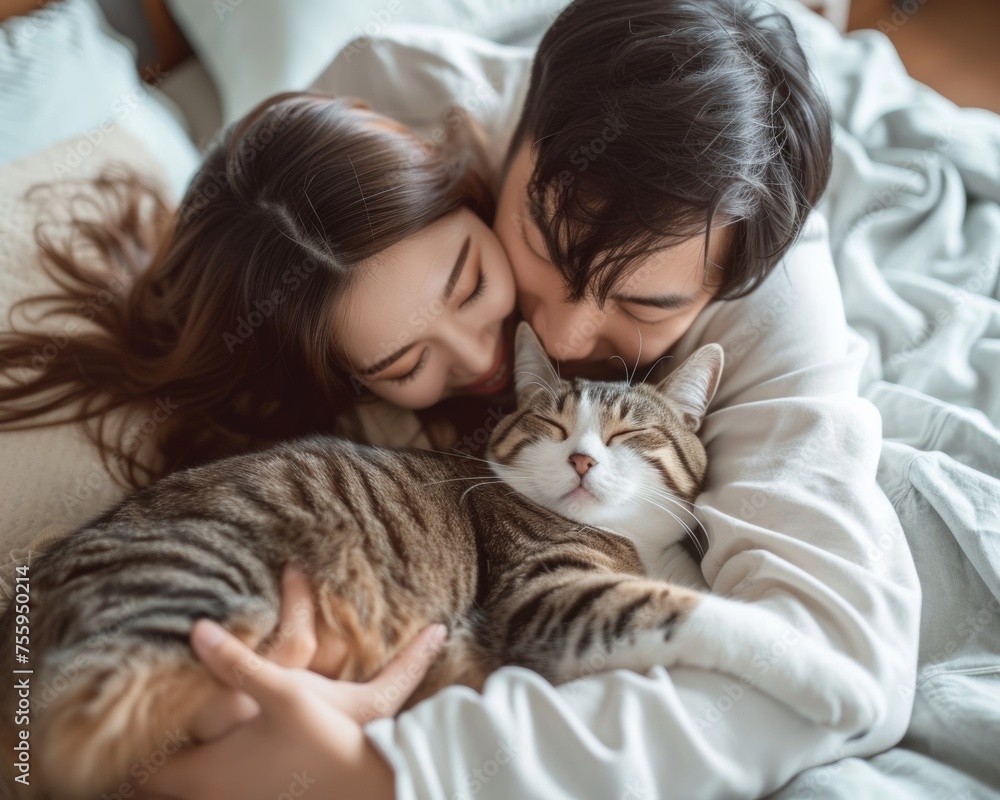 A man and woman sitting on a bed, cuddling with a cat. A man and woman sitting on a bed, cuddling with a cat.