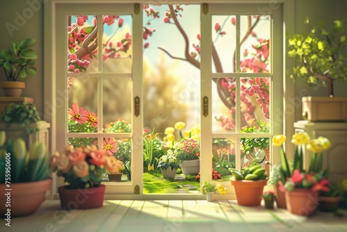 Open door with beautiful flowers in the garden  Spring background