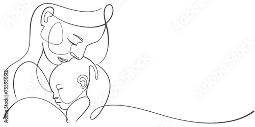 Mother and baby line art. Mom hugs child. Motherhood and newborn concept. Happy mother line vector illustration. Parent loving kid, happy mother day design for card