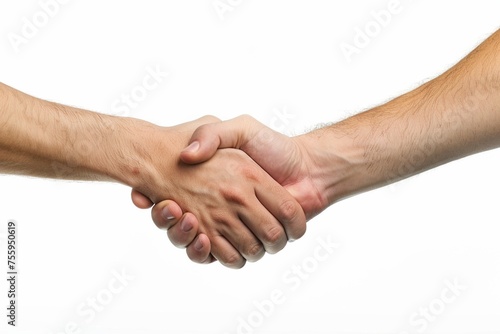 Close up two man shaking hand on white background.Athletes shaking hands before sports competition. Unity and teamwork concept.