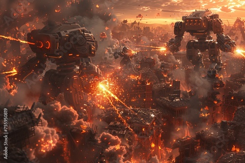 Explosive Engagement in a Collapsed Metropolis. Design a vivid, ultra-realistic image capturing the moment of combat between advanced robots within the ruins of a vast city.