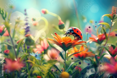 Beautiful ladybug on a flower in the garden. Spring background