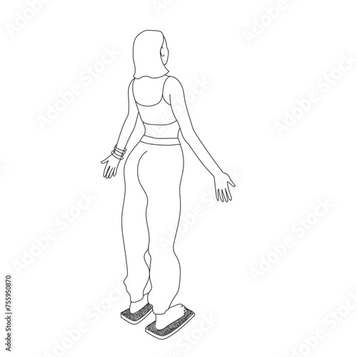Female standing on needles vector outline illustration. Hand drawn woman standing on needle board, meditation yoga pose silhouette. Wellbeing illustration. © Chris