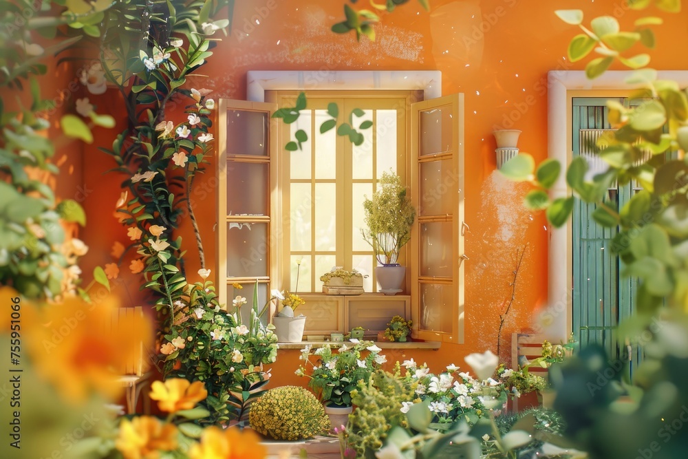 Beautiful garden with flowers and plants in front of the window. Spring background