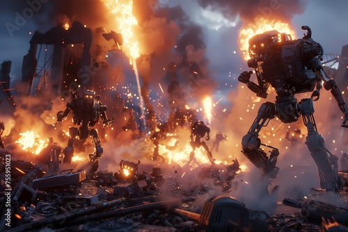 Fiery Clash in the City's Ruins.' Craft a super-realistic scene depicting an intense firefight between robots amidst the rubble of a once-thriving city. © MuhammadFahad