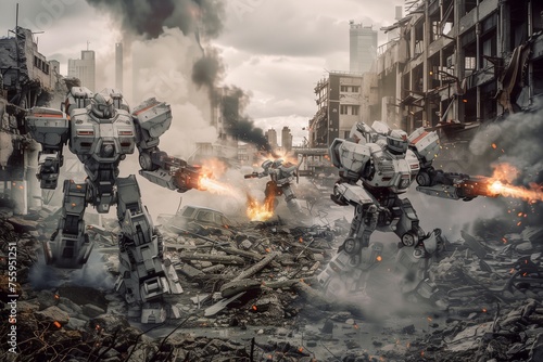 Robots Warfare Amidst Urban Decay.  Create an ultra-realistic image of robots locked in a fierce exchange of fire  set against the backdrop of a crumbled urban landscape.