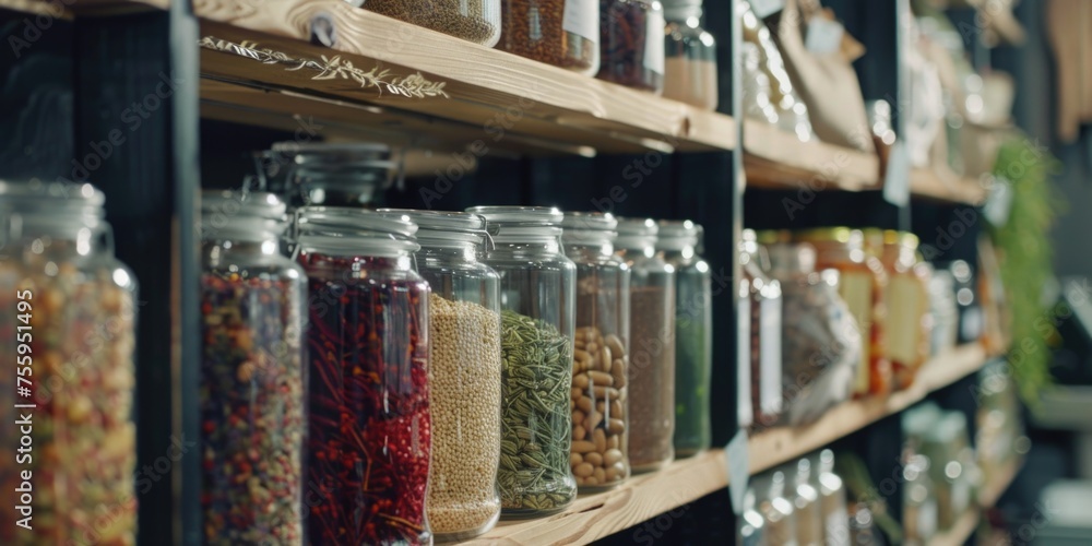 A diverse selection of food items on a shelf. Ideal for food and nutrition concepts. A diverse selection of food items on a shelf. Ideal for food and nutrition concepts.