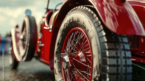 Close up of a red car parked on a street, suitable for transportation themes.