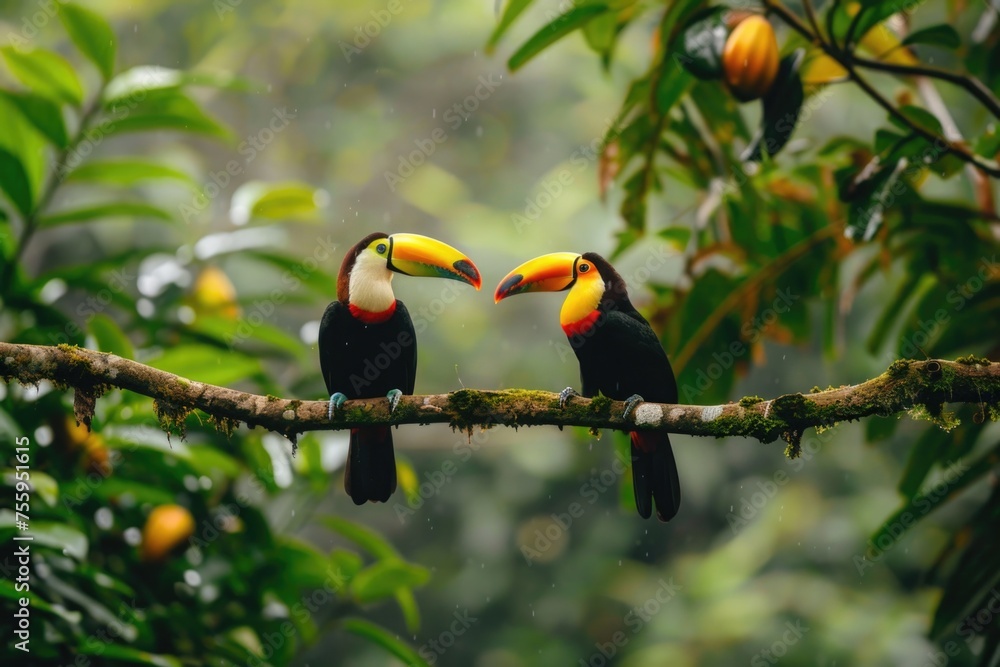 Two toucans perched on a branch in the rain. Suitable for nature or tropical themes. Two toucans perched on a branch in the rain. Suitable for nature or tropical themes.