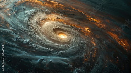 Majestic space hurricane with celestial glow - A dramatic depiction of an immense hurricane seen from space, swirling with golden light, evoking power and the majesty of nature