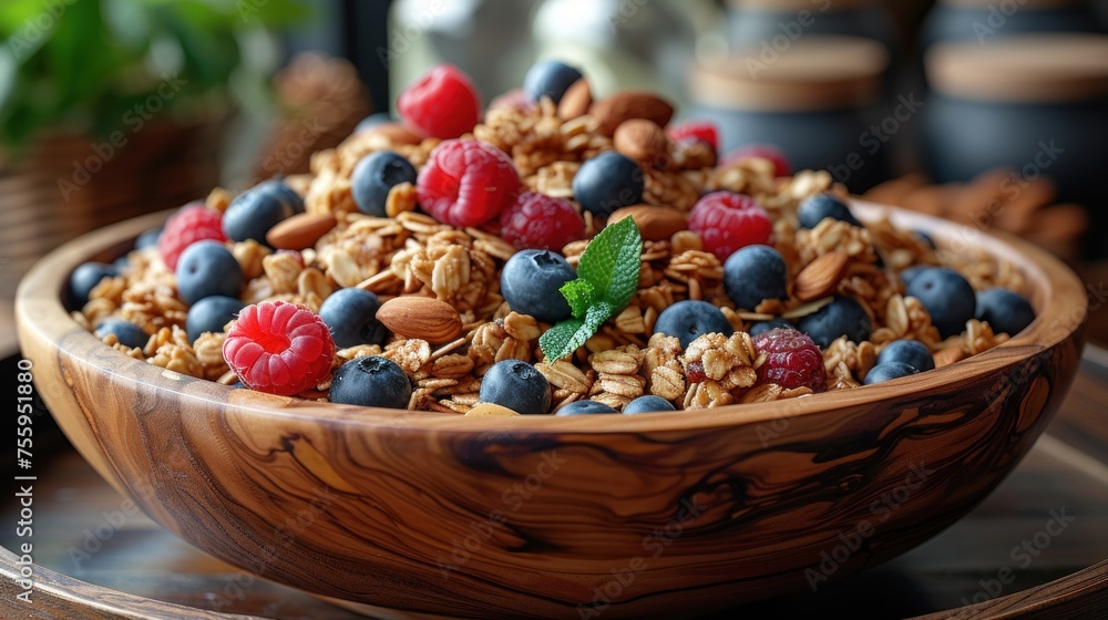 a bowl of granola with berries, blueberries, raspberries, and almonds on a table. a bowl of granola with berries, blueberries, raspberries, and almonds on a table.