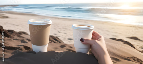 Banner white and brown paper coffee cups with woman's hand on beach. Generated by AI.