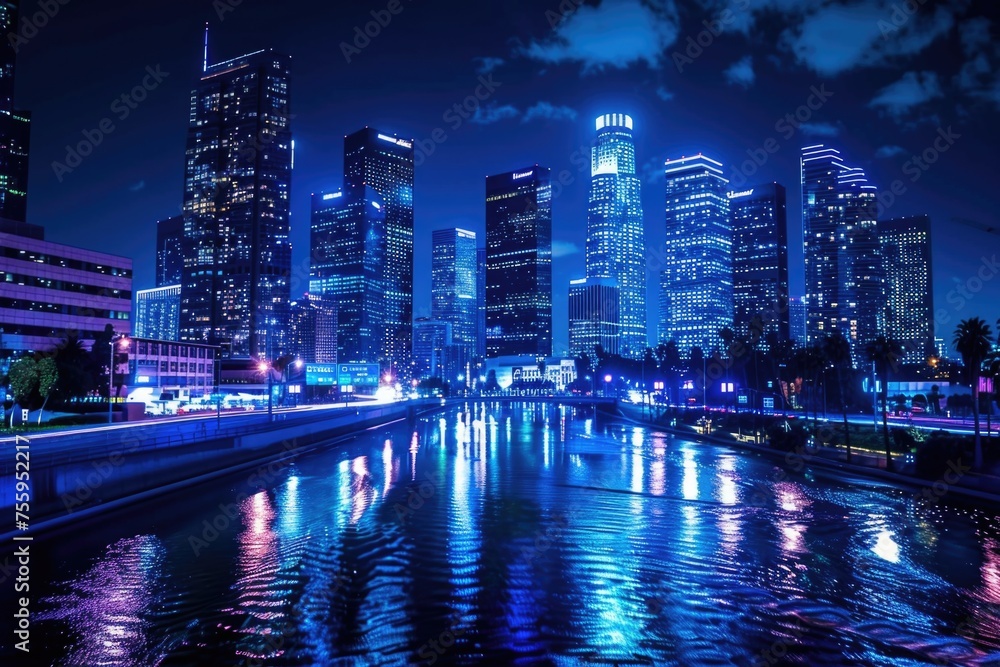 Fototapeta premium A cityscape with a river flowing through at night. Suitable for urban and nightlife concepts.
