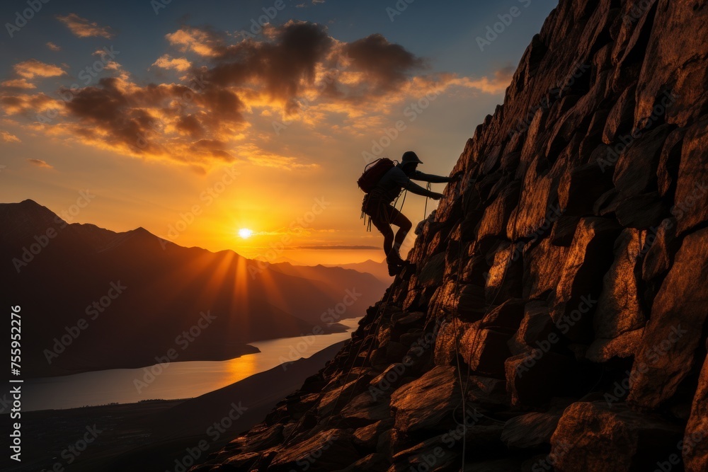 A man scaling the side of a mountain during sunset