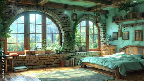 a bedroom with a brick wall and arched windows  a bed with pillows  a rug  and a rug on the floor.
