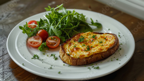 Cheesy toast with fresh salad on wooden table