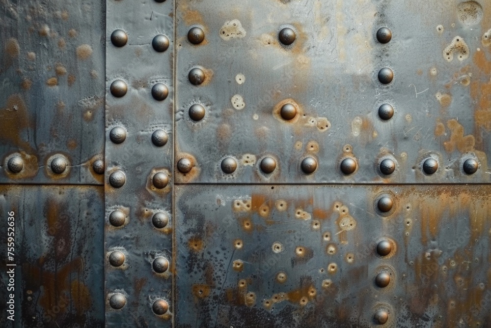 Close up of a metal surface with rivets, suitable for industrial concepts.