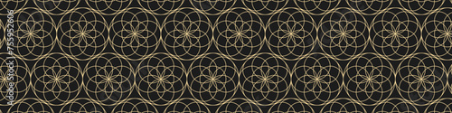 Abstract golden geometric seamless pattern on black background. Seamless linear pattern for fabric, textiles and jewelry. Vector EPS 10