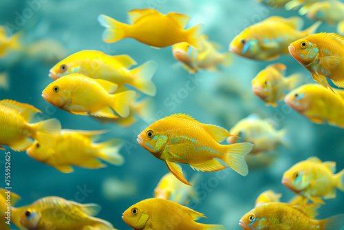 Bunch of Electric yellow cichlids in the sea, African cichlids (Malawi Peacock), group of yellow small fish, metallic blue gray cichlids in freshwater, Haplochromis obliquidens, fish wallpaper concept