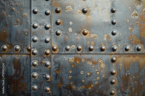 Close up of a metal surface with rivets, suitable for industrial concepts.