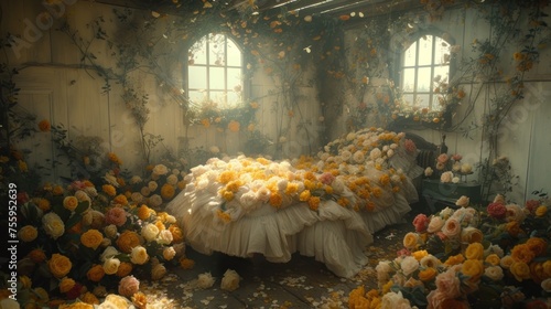 a room filled with lots of flowers and a bed covered in a white ruffled blanket and surrounded by yellow and pink flowers. photo