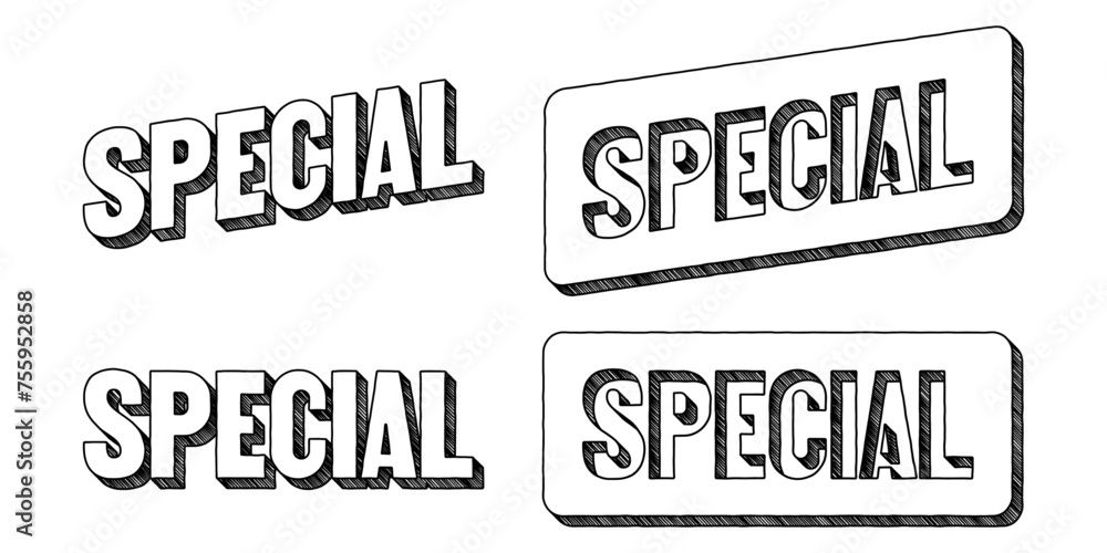 Word ‘Special’ written in doodle-style block lettering with three-dimensional shading effect
