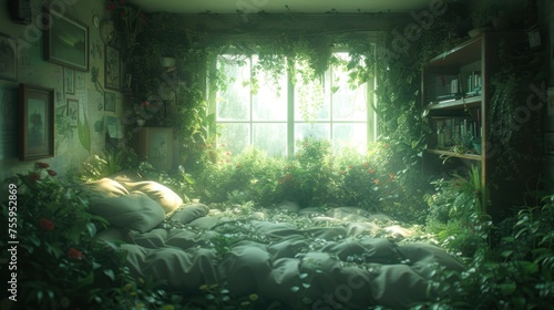 a room filled with lots of green plants and lots of pillows on top of a bed in front of a window. photo