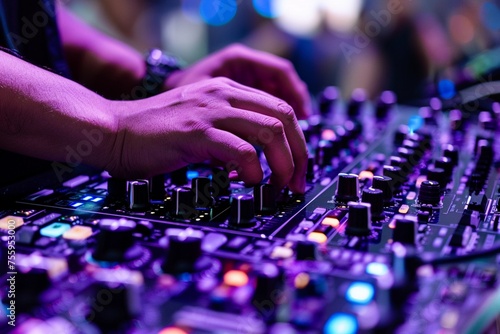 DJ Hands creating and regulating music on dj console mixer in concert nightclub